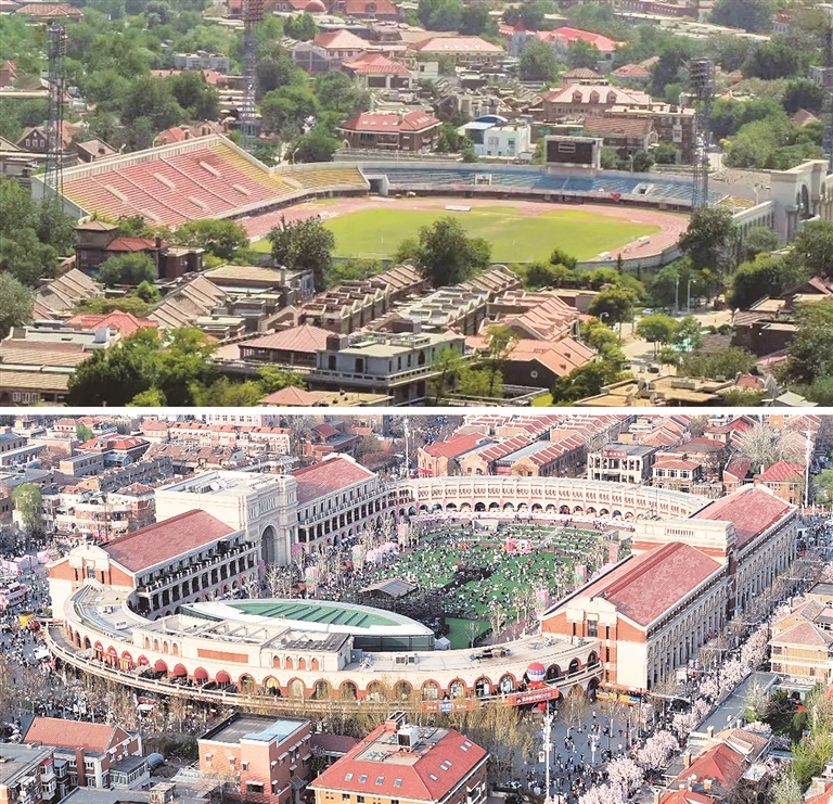 拼版照片:上图是位于天津五大道的民园体育场(资料照片下图是2024年